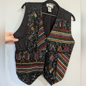 Vintage 90s Effeci Snazzy Abstract Print Colorful Beaded Party Vest Size M/L
